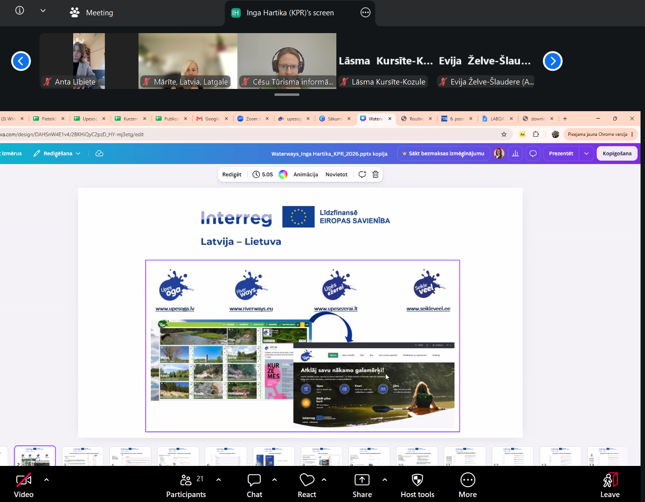 Participants attending an online seminar discussing the upgraded riverways.eu platform, featuring a presentation slide showcasing the website and related projects under the Interreg program for Latvia and Lithuania.