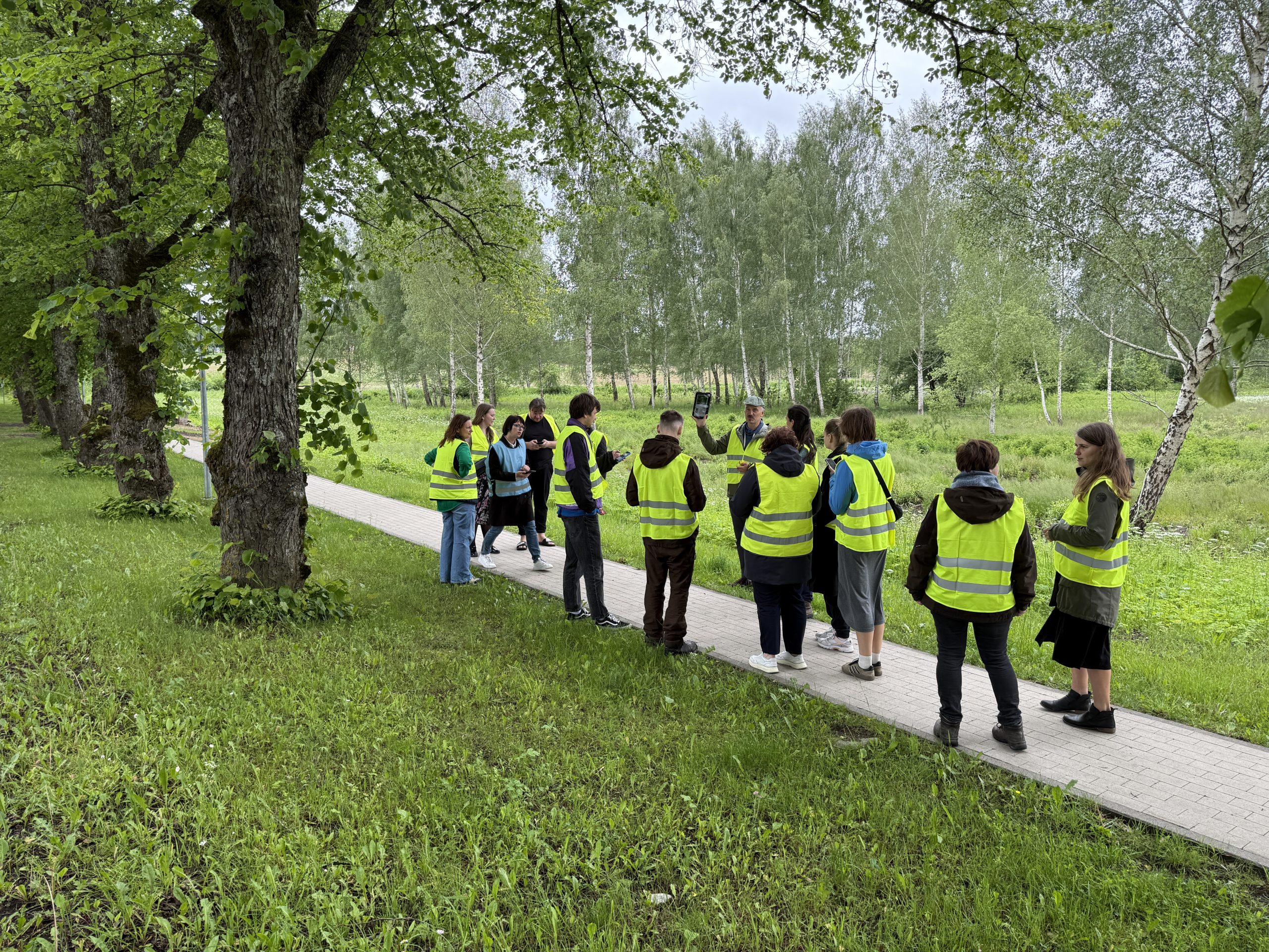 Group of participants wearing yellow safety vests engaged in an educational walk in Kuldīga, focusing on the natural values of trees and alleys, with lush greenery and a pathway in the background. Group of participants wearing yellow safety vests engaged in an educational walk in Kuldīga, focusing on the natural values of trees and alleys, with lush greenery and a pathway in the background.