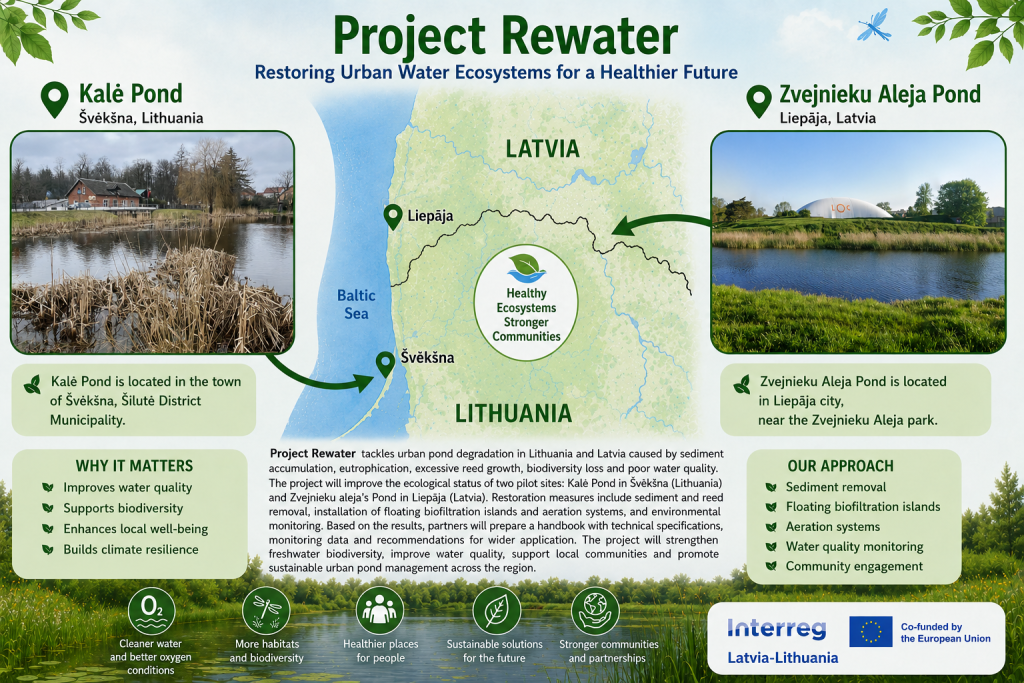 Infographic illustrating the "Project Rewater" initiative aimed at restoring urban freshwater ecosystems in Lithuania and Latvia. It features Kalė Pond in Švėkšna, Lithuania, and Zvejnieku Aleja Pond in Liepāja, Latvia, highlighting their locations, ecological importance, and restoration efforts. The project focuses on improving water quality, enhancing biodiversity, and building climate resilience through sediment removal and community engagement.
