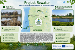 Infographic illustrating the "Project Rewater" initiative aimed at restoring urban freshwater ecosystems in Lithuania and Latvia. It features Kalė Pond in Švėkšna, Lithuania, and Zvejnieku Aleja Pond in Liepāja, Latvia, highlighting their locations, ecological importance, and restoration efforts. The project focuses on improving water quality, enhancing biodiversity, and building climate resilience through sediment removal and community engagement.