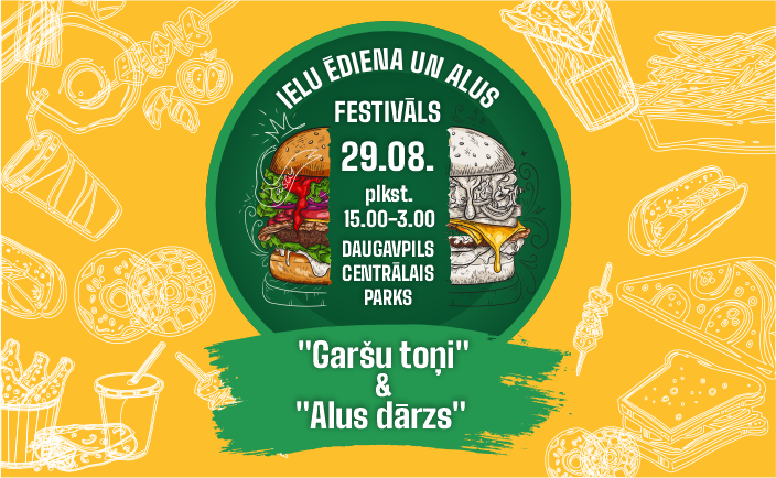 Promotional graphic for the "Garšu toņi" street food festival in Daugavpils, featuring event details such as date, time, and location, along with illustrations of burgers and food items. Promotional graphic for the "Garšu toņi" street food festival in Daugavpils, featuring event details such as date, time, and location, along with illustrations of burgers and food items.
