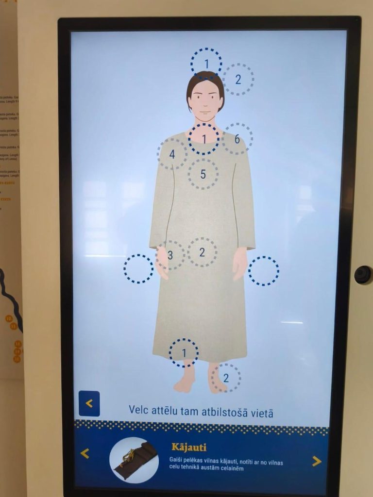 Interactive Magic Mirror display featuring a virtual figure with numbered areas for user interaction, showcasing clothing options and customization features. The image highlights a user-friendly interface for selecting styles and garments.