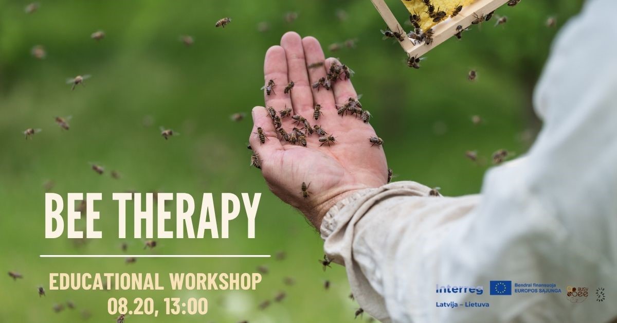 Hand holding a frame covered with bees, surrounded by flying bees, promoting the "Bee Therapy" educational workshop scheduled for August 20 at 1:00 PM.