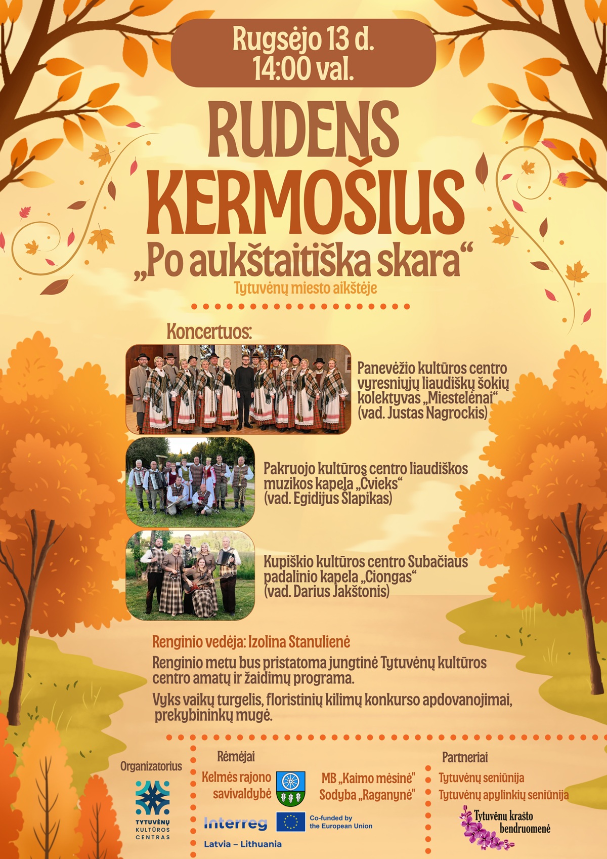 Alt text: Promotional poster for the "Rudens Kermosius" cultural event in Tytuvėnai, featuring concert details, participating groups, and event organizer information. The poster includes the date and time, along with illustrations of autumn leaves. Alt text: Promotional poster for the "Rudens Kermosius" cultural event in Tytuvėnai, featuring concert details, participating groups, and event organizer information. The poster includes the date and time, along with illustrations of autumn leaves.