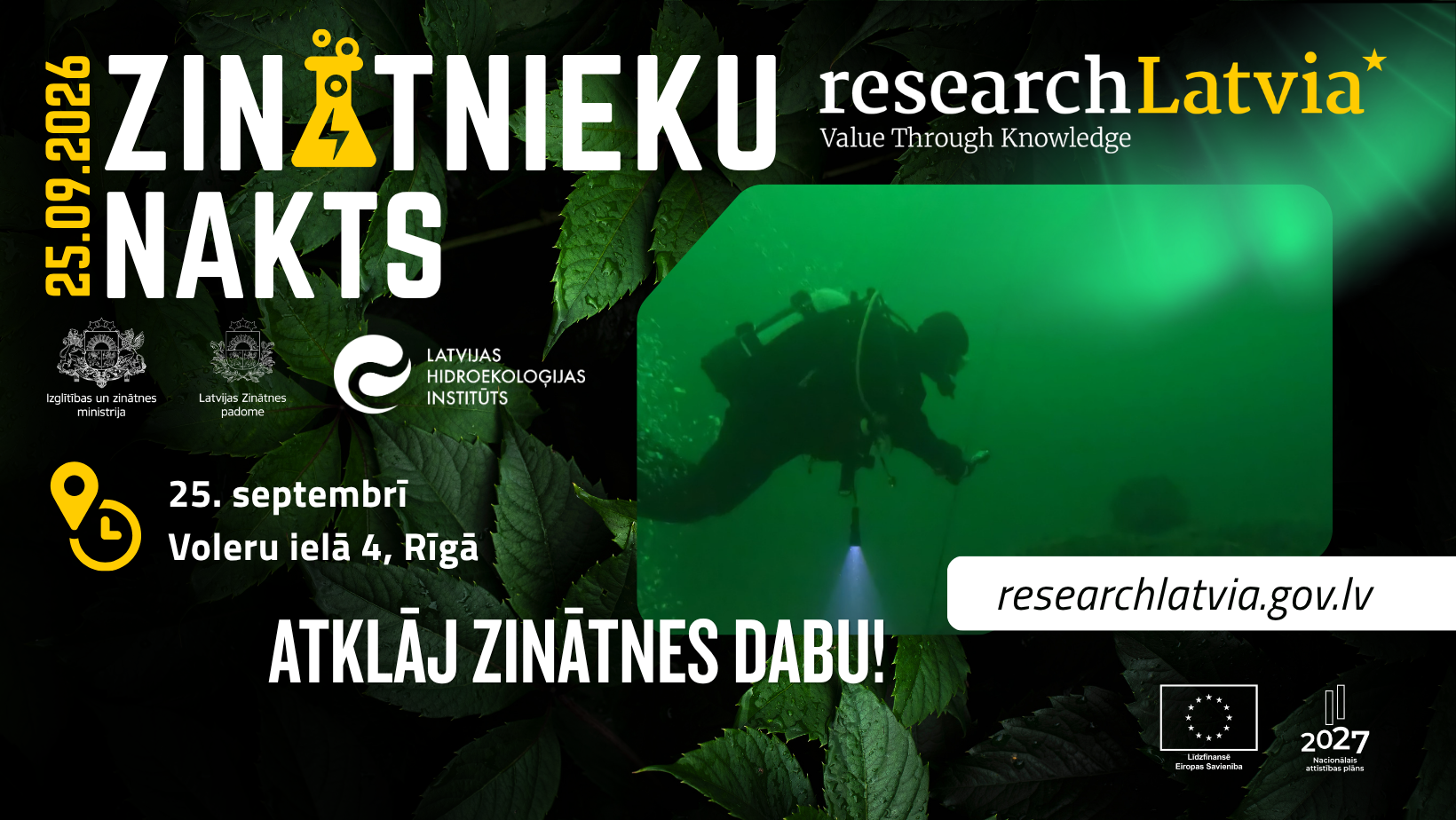 Alt text: Promotional image for the European Researchers’ Night 2026, showcasing an underwater scene with a diver exploring marine science. Event details include the date, September 25, 2026, and location in Riga, Latvia, organized by the Latvian Institute of Hydroecology.